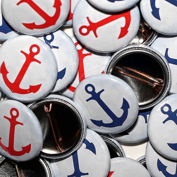 50 Baby Shower 1" Pinbacks - ANCHORS Red & Blue - Gender Reveal Party Favors Nautical