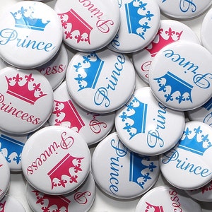 100 Baby Shower 1 Pinbacks Prince & Princess White Gender Reveal Party Favors image 1