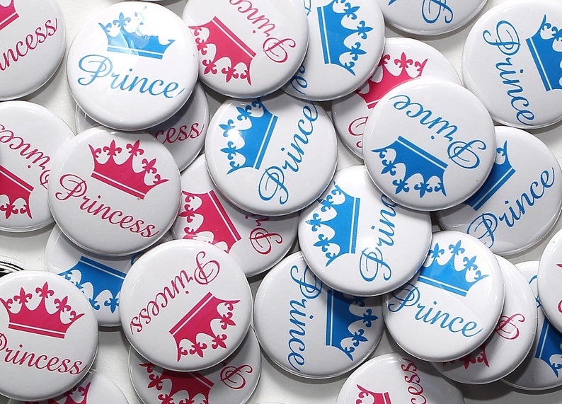 100 Baby Shower 1 Pinbacks Prince & Princess White Gender Reveal Party Favors image 1