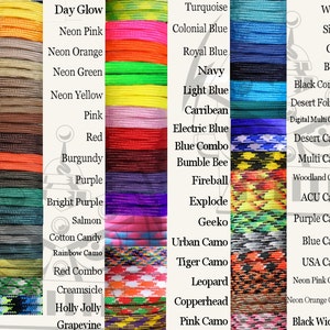 Puede incluir: Una carta de colores que muestra una variedad de colores de paracord. La carta incluye colores lisos como amarillo, rojo y azul, as&iacute; como patrones de camuflaje. Cada color est&aacute; etiquetado con su nombre, como "Rosa ne&oacute;n" y "Black Widow".