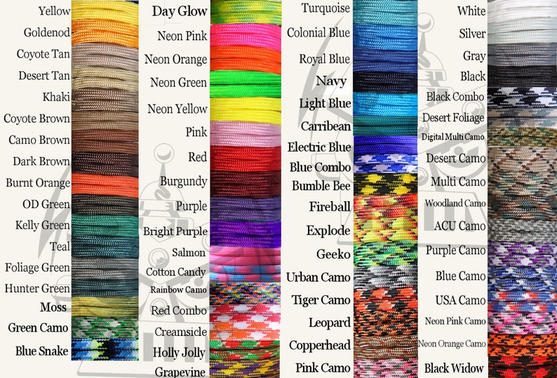 Puede incluir: Una carta de colores que muestra una variedad de colores de paracord. La carta incluye colores lisos como amarillo, rojo y azul, as&iacute; como patrones de camuflaje. Cada color est&aacute; etiquetado con su nombre, como "Rosa ne&oacute;n" y "Black Widow".