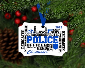 Police Officer Christmas Aluminum Ornament - name and year - black and blue - personalized customized keepsake gift for policeman - B027