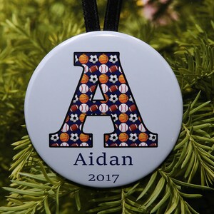 Large Initial Ornament Sports - customized with name and year - C243 baseball football basketball soccer