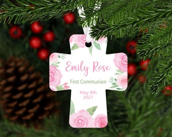 First Communion Christmas Ornament - pink flowers personalized keepsake gift - name and date - B005
