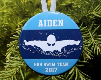Swimmer Silhouette Christmas Ornament - team colors - customized - boys men swim swimming butterfly - C208