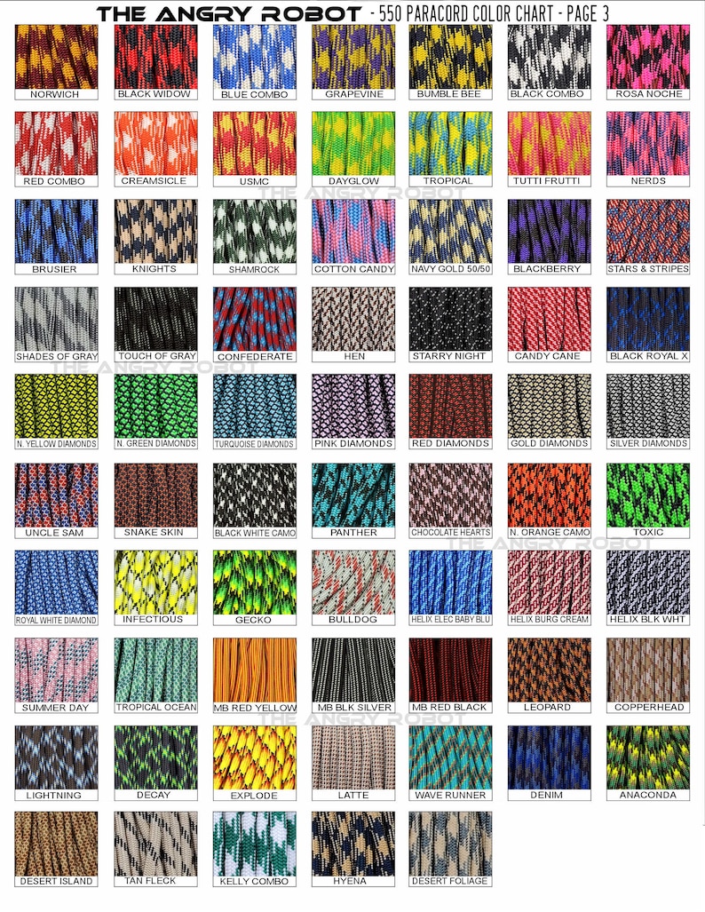 Puede incluir: Un gr&aacute;fico que muestra 550 combinaciones de colores diferentes de paracord. El gr&aacute;fico est&aacute; dividido en una cuadr&iacute;cula de 9 filas y 9 columnas. Cada cuadrado de la cuadr&iacute;cula muestra una combinaci&oacute;n de colores diferente de paracord. El gr&aacute;fico est&aacute; titulado "The Angry Robot - 550 Paracord Color Chart - Page 3".