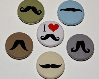 Mustaches Set of 6 Buttons Pinbacks Badges 1 inch
