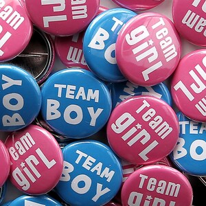 50 Baby Shower 1&quot; Pinbacks - Team Girl Team Boy - Pink Blue BOLD - Gender Reveal Party