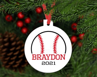 Baseball Name Christmas Ornament - white - customized keepsake gift for ball player - personalized team gift - C193