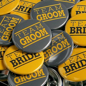 Team Bride Team Groom Grey Yellow 200 Pack Buttons Pinbacks 1 1/2 inch image 1