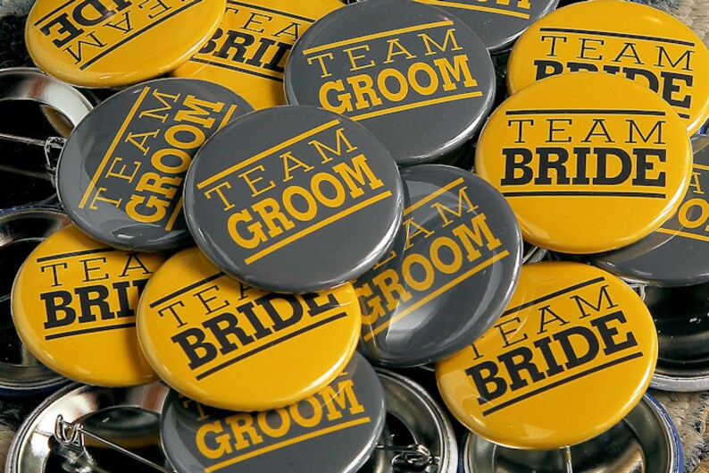 Team Bride Team Groom Grey Yellow 200 Pack Buttons Pinbacks 1 1/2 inch image 1