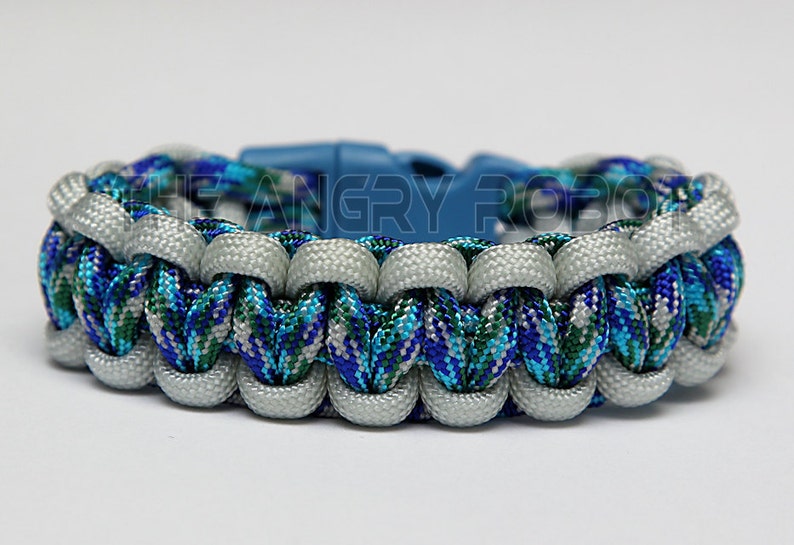 SLIM Paracord Survival Bracelet Cobra Silver and Peacock Blue Buckle image 1