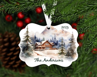 Winter Mountain Cabin Christmas Ornament with Family Name - Customized Keepsake Gift - B036 - snow trees