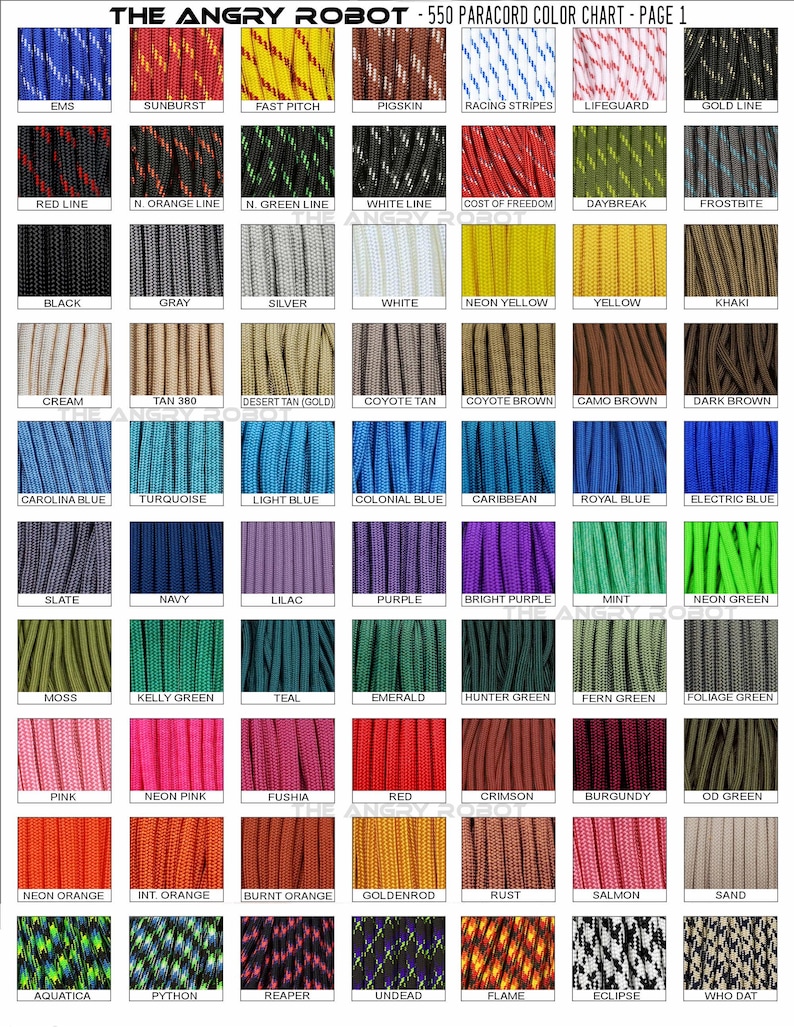 Puede incluir: Una tabla de colores de 550 colores de paracord diferentes, organizada en filas y columnas. La tabla est&aacute; titulada "The Angry Robot - 550 Paracord Color Chart - Page 1".