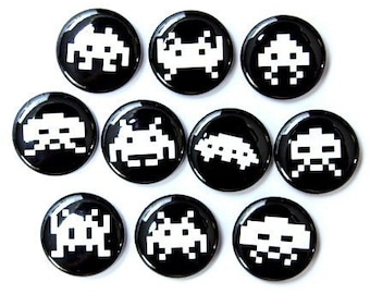 Alien Invaders Black and White Set of 10 Buttons Pinbacks Badges 1 inch - Flatbacks or Magnets