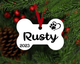 Dog Bone Christmas Ornament - personalized customized - dog puppy keepsake gift for dog lover pet owner - name year - D001