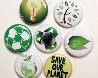 Go Green Recycle Set of 7 - Buttons Pinbacks Badges 1 inch