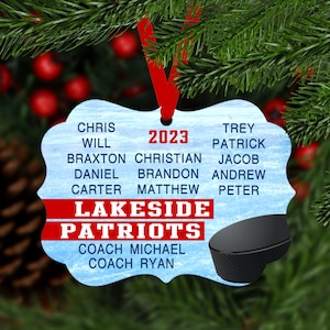 Hockey Team Christmas Ornament (up to 15 names) - Team Colors personalized customized sports keepsake coach high school senior gift - B020