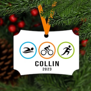 Triathlon Christmas Ornament - run swim bike - customized name year tri athlete keepsake gift  - running swimming cycling - B038