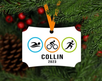 Triathlon Christmas Ornament - run swim bike - customized name year tri athlete keepsake gift  - running swimming cycling - B038