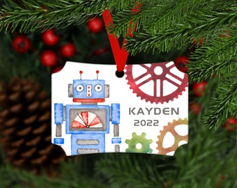 Robot Christmas Aluminum Ornament - name and year - Robotics Gears STEM - personalized customized keepsake gift - B032