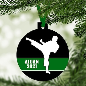 Karate Silhouette Christmas Ornament - martial arts belt colors - customized - C090 white yellow orange red green blue purple brown black