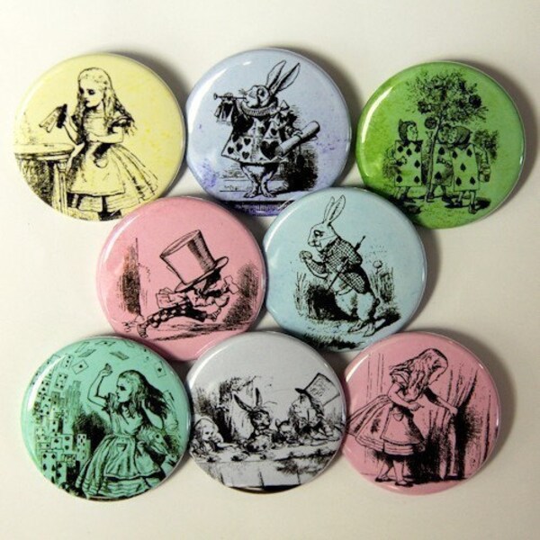 Alice In Wonderland Buttons Pinbacks Badges 1 1/2 inch Set of 8