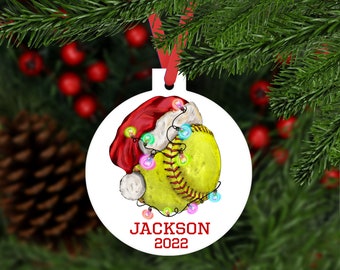 Santa Hat Softball Christmas Ornament - personalized name and year - sports fan player keepsake gift - C310