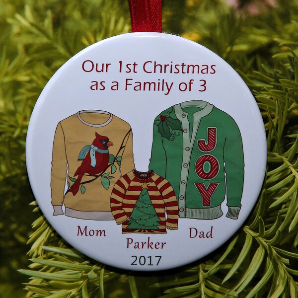 Our First Christmas As A Family Of 3 Ornament - Ugly Christmas Sweaters - customized with your names - C252 New Baby