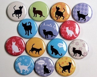 A Cat's Life - Set of 14 - Pinbacks Buttons Badges 1 inch - Flatbacks or Magnets