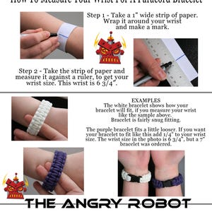 Puede incluir: C&oacute;mo medir tu mu&ntilde;eca para un brazalete de paracord. Un diagrama muestra c&oacute;mo envolver una tira de papel alrededor de tu mu&ntilde;eca y medirla con una regla. La imagen incluye ejemplos de brazaletes de paracord blancos y morados con diferentes ajustes. El texto dice "The Angry Robot".