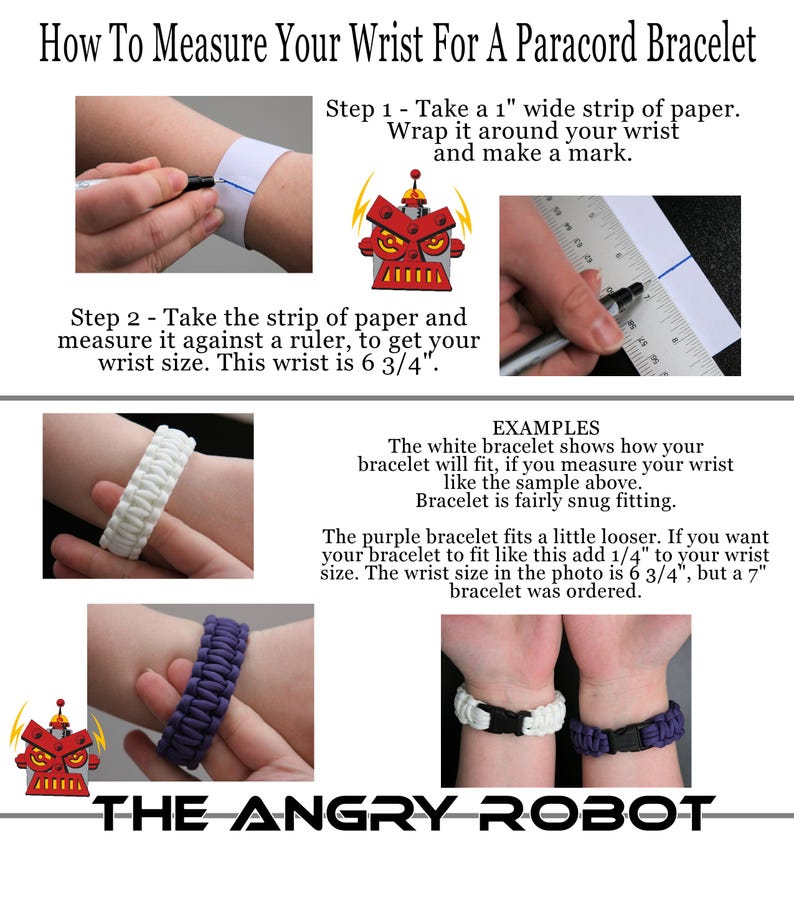 Puede incluir: C&oacute;mo medir tu mu&ntilde;eca para un brazalete de paracord. Un diagrama muestra c&oacute;mo envolver una tira de papel alrededor de tu mu&ntilde;eca y medirla con una regla. La imagen incluye ejemplos de brazaletes de paracord blancos y morados con diferentes ajustes. El texto dice "The Angry Robot".