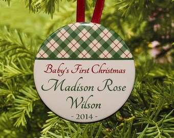 Baby's First Christmas Ornament - Green & Tan Plaid - Personalized C02