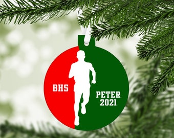 Track Runner Silhouette Christmas Ornament - high school college team colors - customized - boys men male running keepsake gift - C202