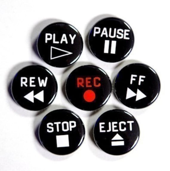 Cassette Deck Vcr Buttons Set Of 7 Pinbacks Badges 1 Inch