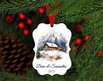 Winter Mountain Cabin Christmas Ornament Personalized with Names and Year - Customized Keepsake Gift - B037 - snow trees