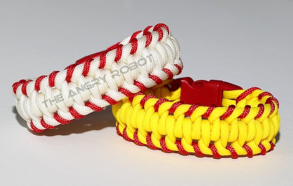 Softball Stitched Paracord Bracelet - Yellow Red - Red Buckle