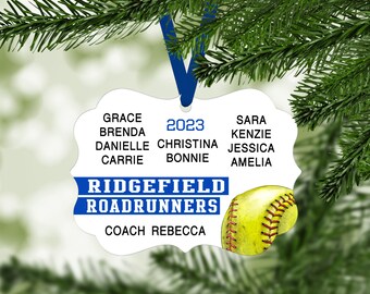 Softball Team Christmas Ornament (up to 15 names) - Team Colors customized sports keepsake coach high school senior gift - B020