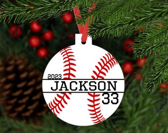 Baseball Ball Player Christmas Ornament - name number year - white red black - personalized customized teen sports keepsake - C0315