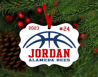 Basketball Christmas Aluminum Ornament - name uniform number year team colors - customized keepsake gift for hoops athlete - B031