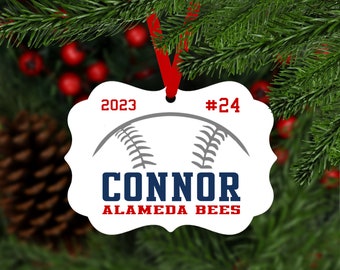 Baseball Christmas Aluminum Ornament - name uniform number year team colors - customized keepsake gift for hoops athlete - B039