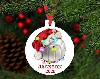 Santa Hat Volleyball Christmas Ornament - personalized name and year - sports fan player keepsake gift - C310
