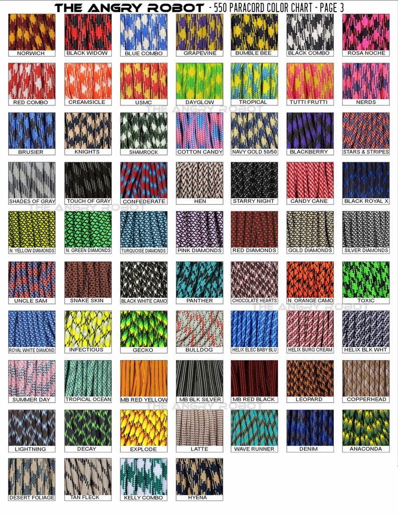May include: A chart showing 550 different colors of paracord, with each color having a unique name and pattern. The chart is titled "The Angry Robot - 550 Paracord Color Chart - Page 3".