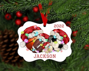 Multi Sport Santa Hat Christmas Ornament - baseball football soccer volleyball basketball softball - personalized gift for athlete - B022