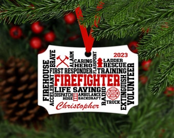 Firefighter Christmas Aluminum Ornament - name and year - black and red - personalized customized keepsake gift for fireman - B024