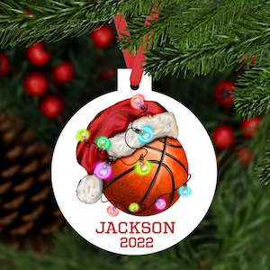 Santa Hat Basketball Christmas Ornament - personalized name and year - sports hoops fan player keepsake gift - C310