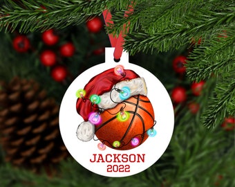 Santa Hat Basketball Christmas Ornament - personalized name and year - sports hoops fan player keepsake gift - C310