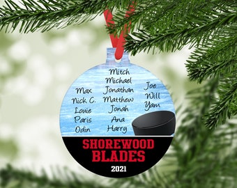 Hockey Team Coach Christmas Ornament (up to 15 names) - Team Colors customized keepsake gift - C106