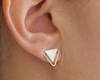 11mm Triangle Stud Earrings Double Triangle Earrings Geometric Stud Earrings Silver Triangle post earrings 0279