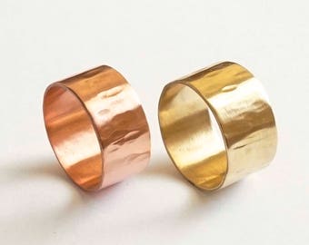 9.5mm Cigar Band Ring Thick ring for her ring for him wide ring hammered texture round edges gold colored brass sterling silver copper 0213